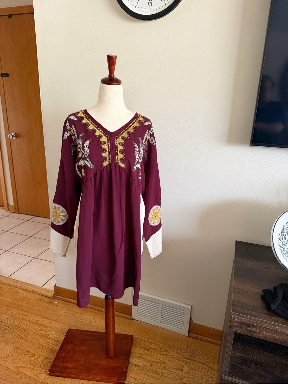 Embroidered Maroon V-Neck Tunic Dress